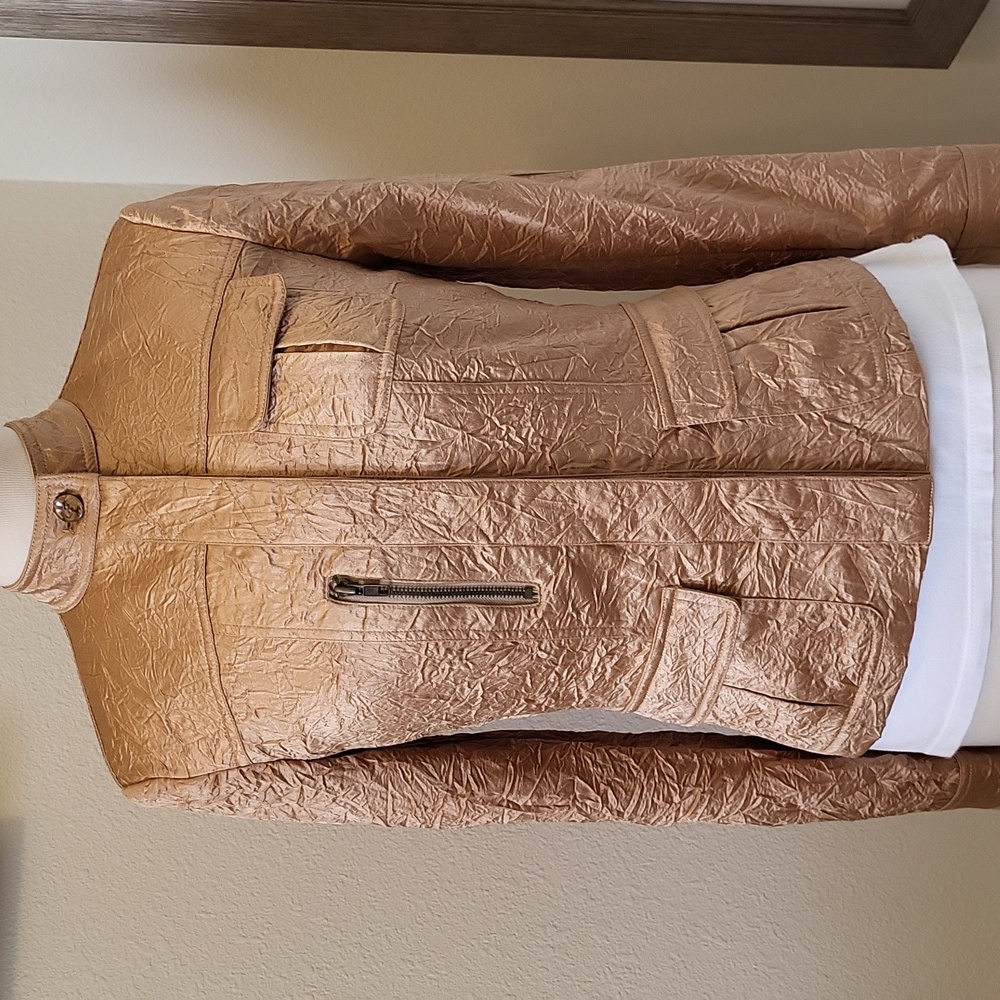 Vintage CACH'E Tan Crinkle Satin Fitted Utility Jacket